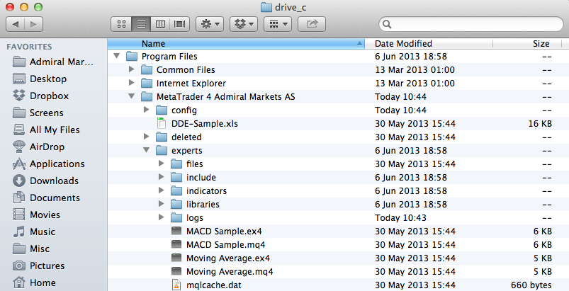 تثبيت EAs و Scripts for MetaTrader 4 على نظام التشغيل Mac OS X: مجلد الخوادم الداخلية
