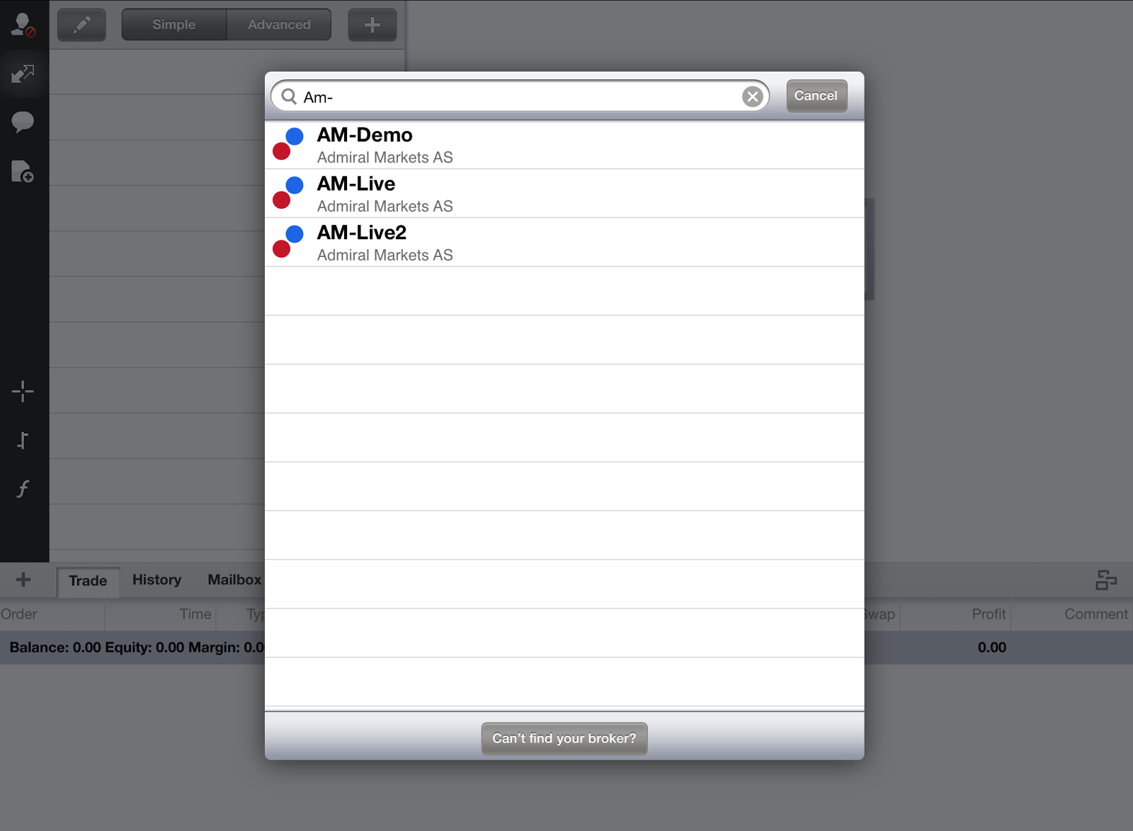 MT4 iPad: suraskite Jūsų brokerį