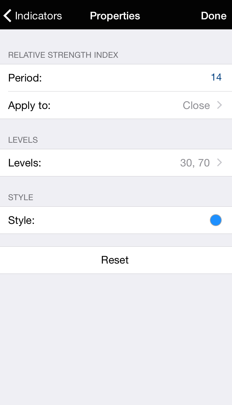 MT4 for iPhone: Properties screen