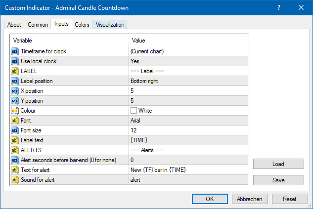 Пользовательский индикатор - окно Admiral Candle Countdown