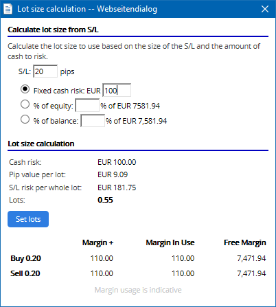 Margin calculator прозорец