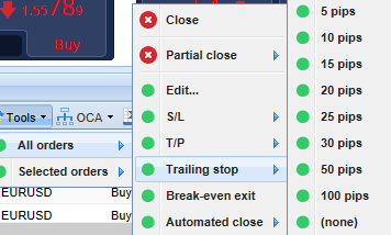 Trailing stop dropdown menu