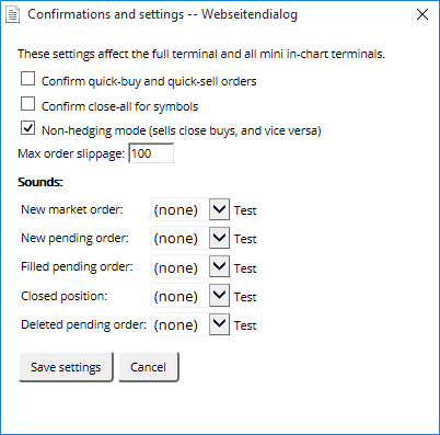 Fenêtre de confirmations et paramètres